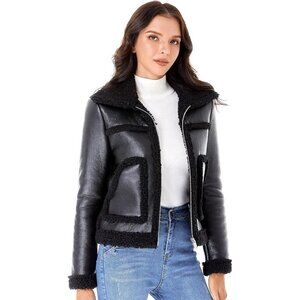 Women's Black Fur Winter Coat Warm Thick Fur Lined Faux Leather Jacket